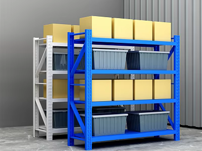 Blue and White Display Shelves with Yellow Boxes and Gray Storage Bins in Warehouse 3d model