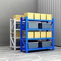 Blue and White Display Shelves with Yellow Boxes and Gray Storage Bins in Warehouse