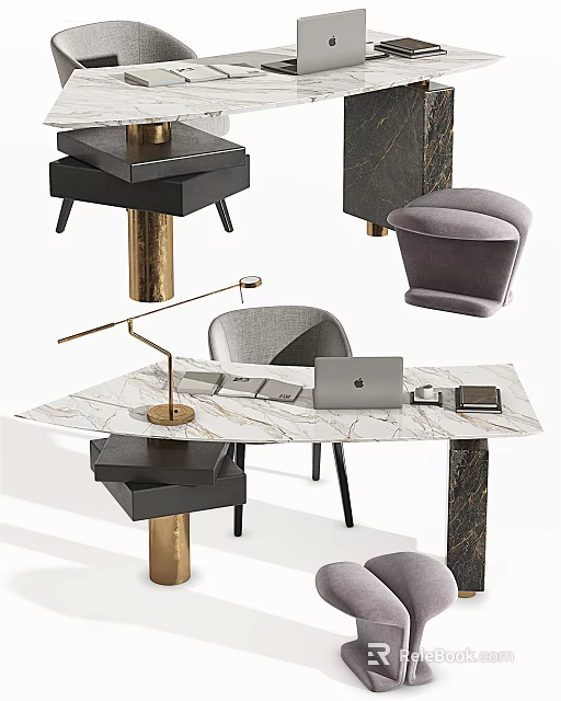 Modern Marble Office Desk With Gold Accent Lamp Laptop And Gray Chair 3d model 