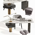 Modern Marble Office Desk With Gold Accent Lamp Laptop And Gray Chair