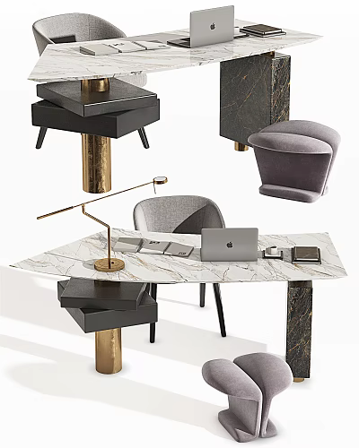 Modern Marble Office Desk With Gold Accent Lamp Laptop And Gray Chair 3d model