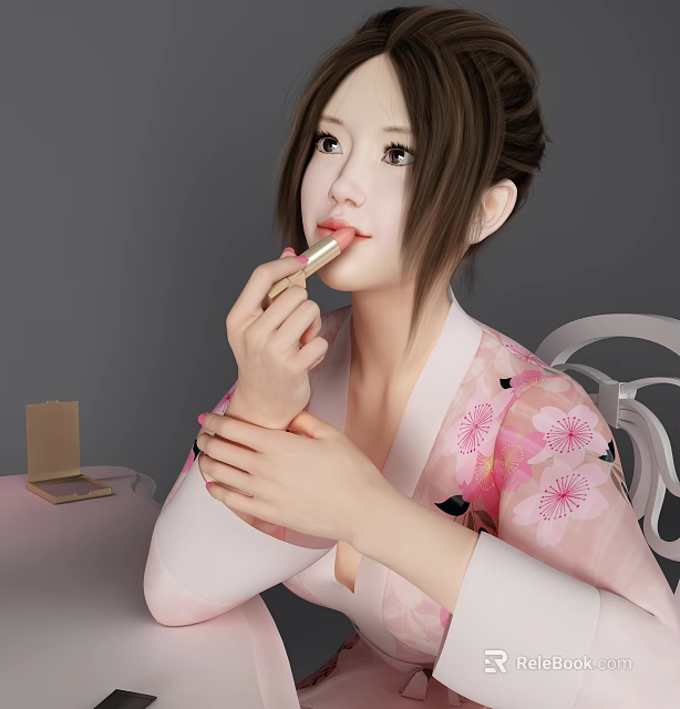Woman in Cherry Blossom Kimono Applying Lipstick at Vanity Table with Mirror 3d model 