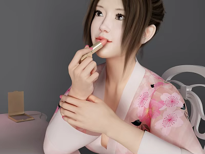 Woman in Cherry Blossom Kimono Applying Lipstick at Vanity Table with Mirror 3d model
