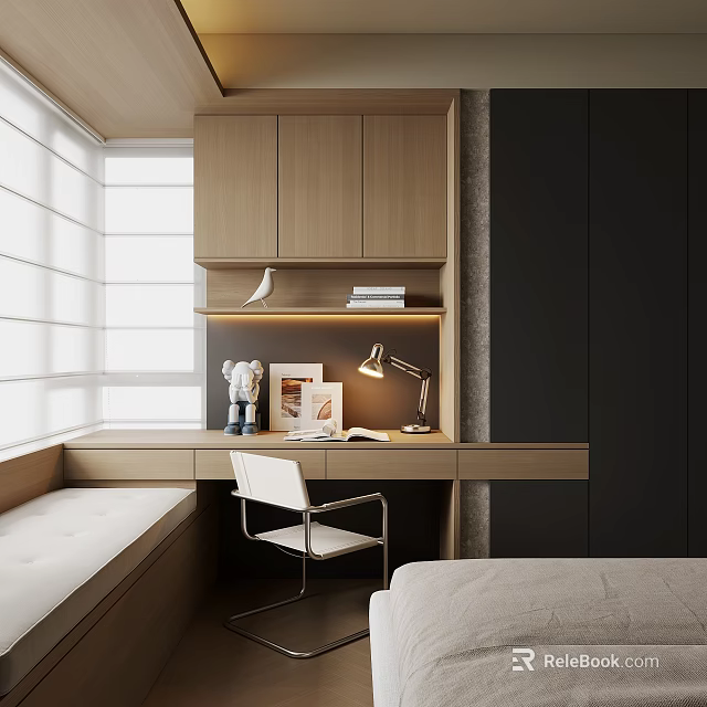 Modern Bay Window Interior With Wooden Desk Chair And Decorative Shelves 3d model 