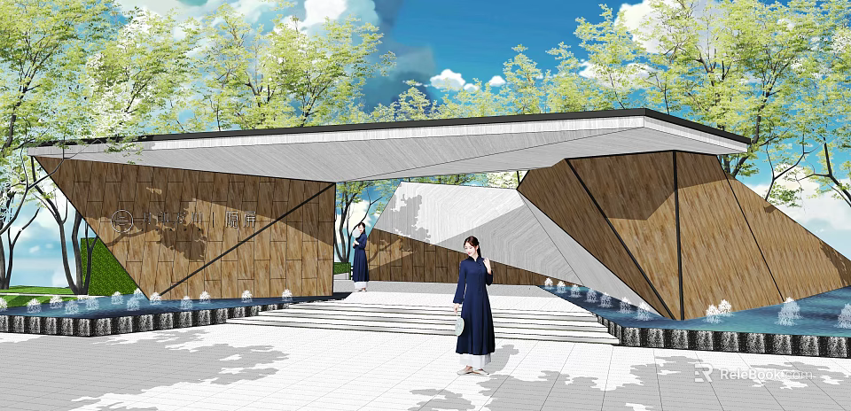 Modern Geometric Gate With Wooden Panels Water Features And Landscaped Entrance 3d model 