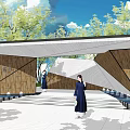 Modern Geometric Gate With Wooden Panels Water Features And Landscaped Entrance