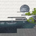 Garden Ornament With Gray Stone Wall Circular Stepped Water Feature Pine Tree And Reflection 3d model