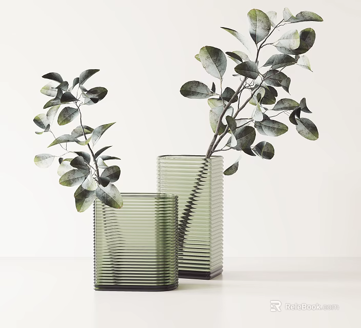 Two Green Striped Glass Vases With Fresh Green Foliage On White Background 3d model 