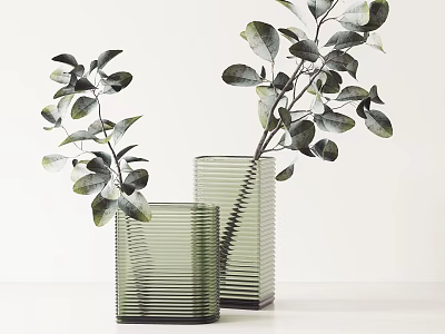 Two Green Striped Glass Vases With Fresh Green Foliage On White Background 3d model