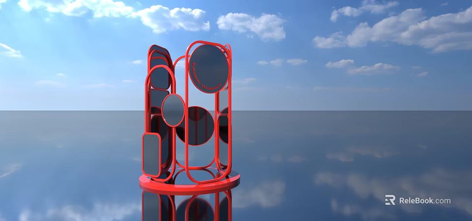 Red Geometric Sculpture with Circular and Square Panels Against Blue Sky and Reflective Water Surface 3d model 
