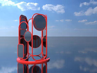 Red Geometric Sculpture with Circular and Square Panels Against Blue Sky and Reflective Water Surface 3d model