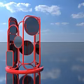 Red Geometric Sculpture with Circular and Square Panels Against Blue Sky and Reflective Water Surface