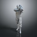 White 3D Statue of Man Holding Object in Standing Pose Against Gray Gradient Background