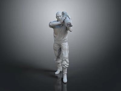White 3D Statue of Man Holding Object in Standing Pose Against Gray Gradient Background 3d model