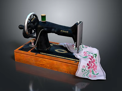 Vintage Sewing Machine Wooden Base Green Thread Spool White Embroidered Cloth with Pink Red Flowers 3d model