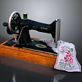 Vintage Sewing Machine Wooden Base Green Thread Spool White Embroidered Cloth with Pink Red Flowers