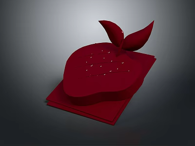 Red Strawberry Shaped Dessert Food With Green Leaves On Square Base 3d model
