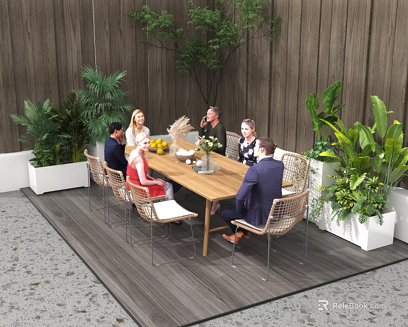 Wooden Outdoor Table with Rattan Chairs Potted Plants and Fruit Vase on Outdoor Patio 3d model 