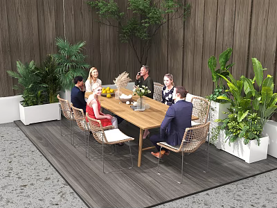 Wooden Outdoor Table with Rattan Chairs Potted Plants and Fruit Vase on Outdoor Patio 3d model