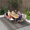 Wooden Outdoor Table with Rattan Chairs Potted Plants and Fruit Vase on Outdoor Patio