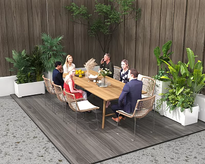 Wooden Outdoor Table with Rattan Chairs Potted Plants and Fruit Vase on Outdoor Patio 3d model