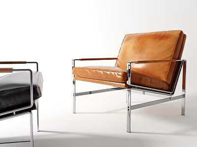 Modern Brown Leather Leisure Chair With Sleek Metal Frame And Comfortable Armrests 3d model
