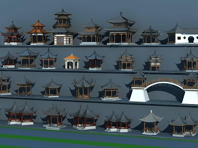 Traditional Ancient Architecture Collection With Various Style Pavilions And Arch Bridge 3d model