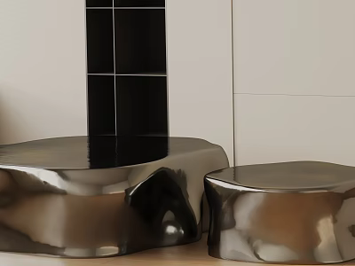 Modern Sofa Coffee Table Set With Metallic Irregular Design And Black Square Accent Wall 3d model