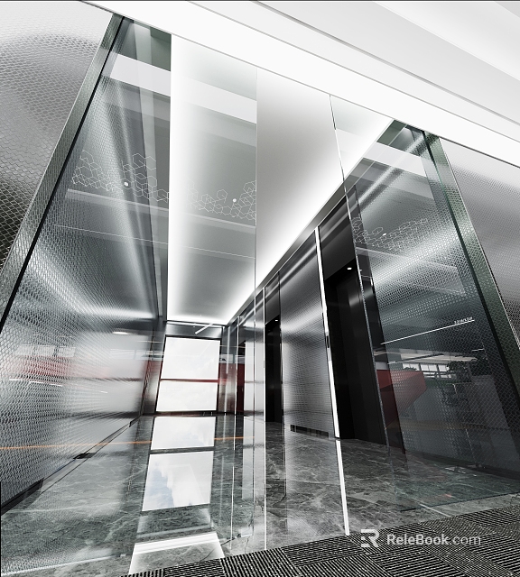 Spacious Bright Modern Office With Glass Curtain Walls And Metallic Elevator Lobby 3d model 