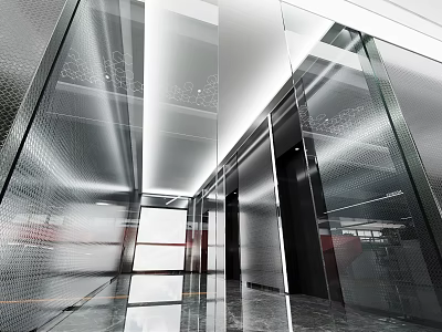 Spacious Bright Modern Office With Glass Curtain Walls And Metallic Elevator Lobby 3d model