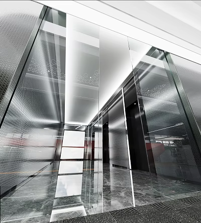 Spacious Bright Modern Office With Glass Curtain Walls And Metallic Elevator Lobby 3d model