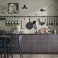 Modern Kitchen Interior With Hanging Utensils Pans And Wooden Countertop Cabinets