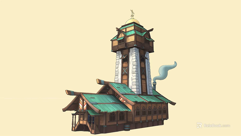 Cartoon Scene Of Detailed Wooden Building With Green Roof White Stone Tower And Smoking Chimney 3d model 