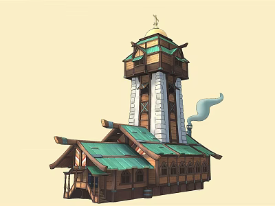 Cartoon Scene Of Detailed Wooden Building With Green Roof White Stone Tower And Smoking Chimney 3d model