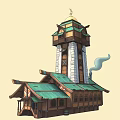 Cartoon Scene Of Detailed Wooden Building With Green Roof White Stone Tower And Smoking Chimney