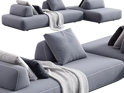 Gray Sectional Sofa With Modern Design Soft Pillows And Cozy Throw Blanket 3d model