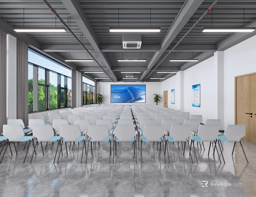 Modern Spacious Conference Room With White Chairs Large Screen Windows And Green Plants 3d model 