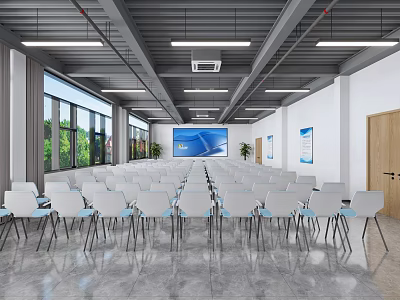 Modern Spacious Conference Room With White Chairs Large Screen Windows And Green Plants 3d model