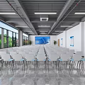 Modern Spacious Conference Room With White Chairs Large Screen Windows And Green Plants