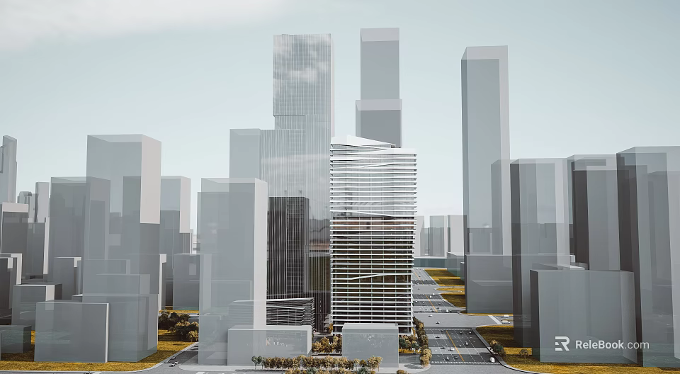 Modern Office Building With Glass Facade Among Urban City High Rise Skyscrapers 3d model 