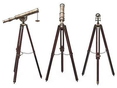 Three Vintage Telescopes on Wooden Tripod Stands with Brass Accents 3d model