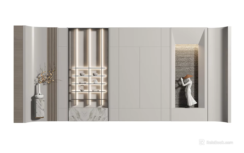 Elegant Modern Background Wall Decor With Marble Texture Built In Lighting And Display Shelves 3d model 