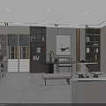 Modern Home Office Interior With Wooden Bookshelves Writing Desk Decorative Painting And Potted Plant