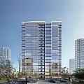 High rise Modern Residential Building With Glass Curtain Wall And Urban Surroundings