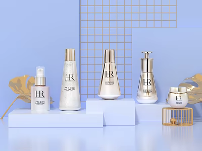 HR Cosmetics Display Featuring White Platforms Gold Decorations and Light Blue Background 3d model