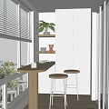 Home Balcony With Wooden Bar Counter Two Stools Green Plant White Cabinet And Natural Light