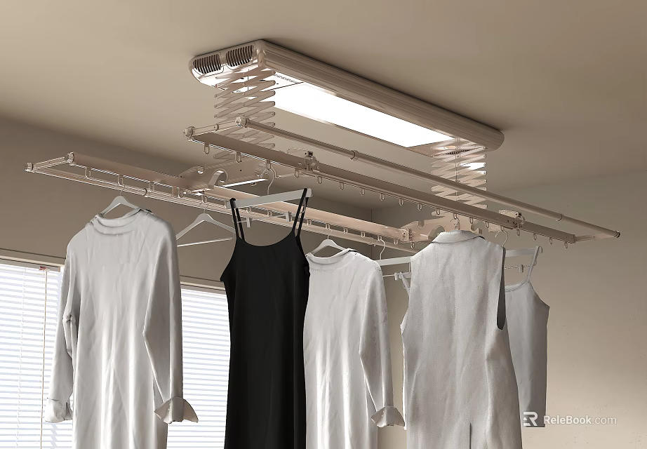 Indoor Ceiling Retractable Clothes Drying Rack In Room With Clothes 3d model 