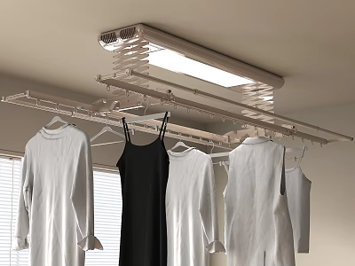 Indoor Ceiling Retractable Clothes Drying Rack In Room With Clothes 3d model
