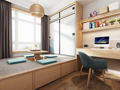 Cozy Light Wood Style Study Room With Tatami Platform Custom Storage And Spacious Work Desk 3d model