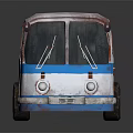 Old White And Blue Striped Bus With Rusted Body And Wheels Exterior